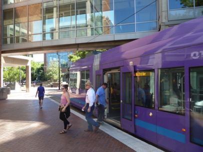The Streetcar cuts through the Urban Plaza at Portland State University [PSU]...with more cafe options and another Starbucks